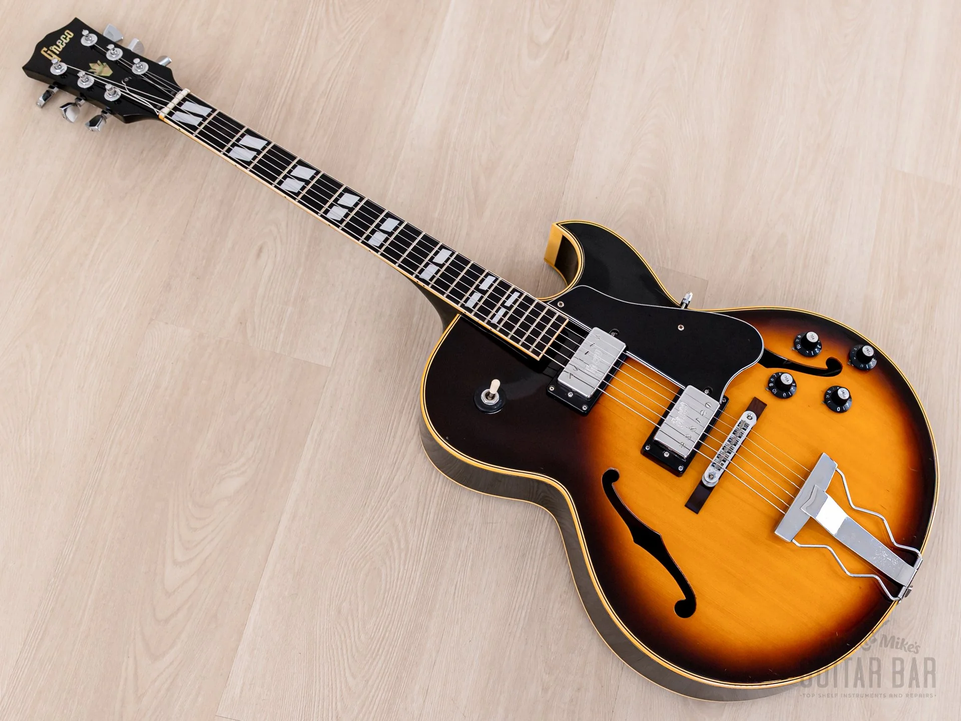 1974 Greco S-55 Vintage Hollowbody Guitar ES-175-Spec Sunburst w/ Embossed Pickups & Case, Japan Fujigen - Image 11