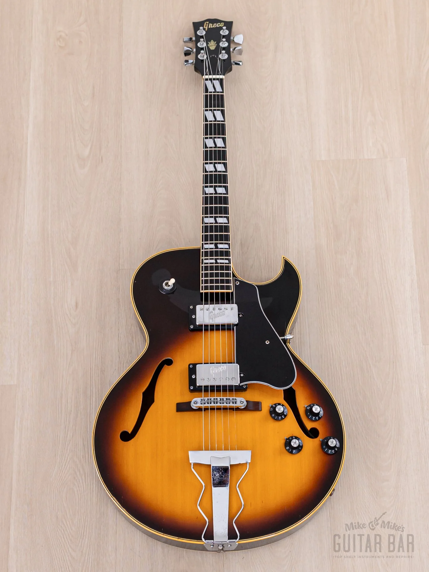 1974 Greco S-55 Vintage Hollowbody Guitar ES-175-Spec Sunburst w/ Embossed Pickups & Case, Japan Fujigen - Image 2