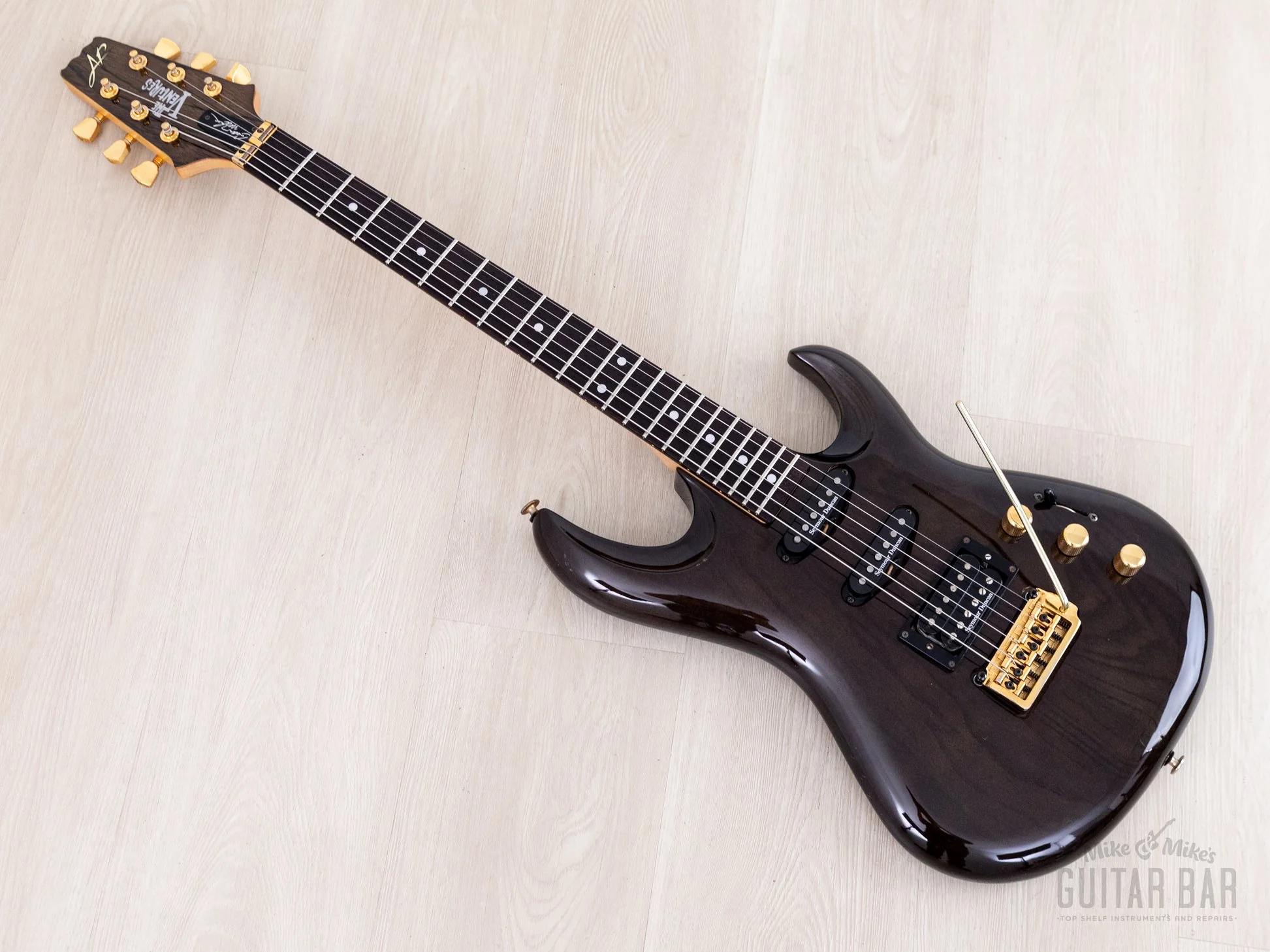 1990s Aria Pro II Custom Shop Gerry McGee Signature The Ventures SSH Superstrat, Trans Black w/ Seymour Duncan, Japan - Image 11
