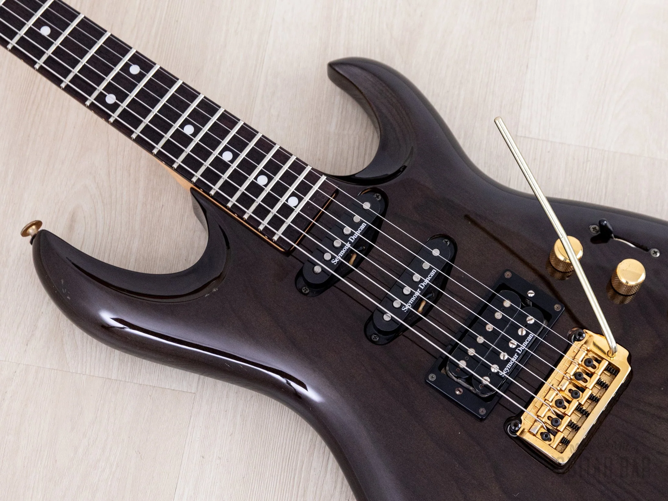 1990s Aria Pro II Custom Shop Gerry McGee Signature The Ventures SSH Superstrat, Trans Black w/ Seymour Duncan, Japan - Image 7