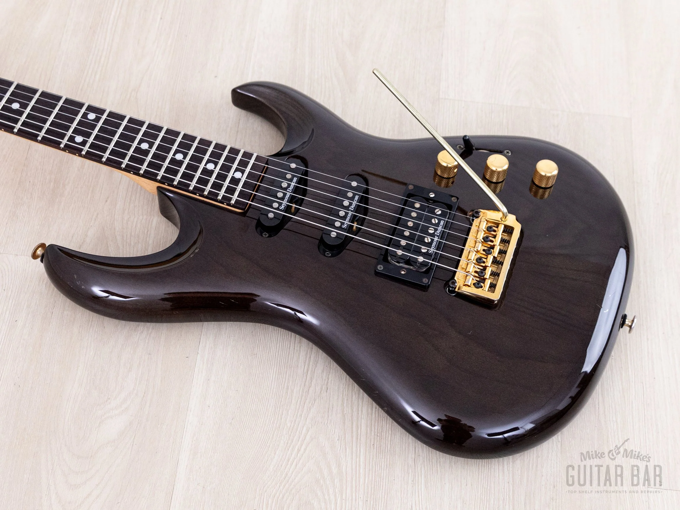 1990s Aria Pro II Custom Shop Gerry McGee Signature The Ventures SSH Superstrat, Trans Black w/ Seymour Duncan, Japan - Image 9