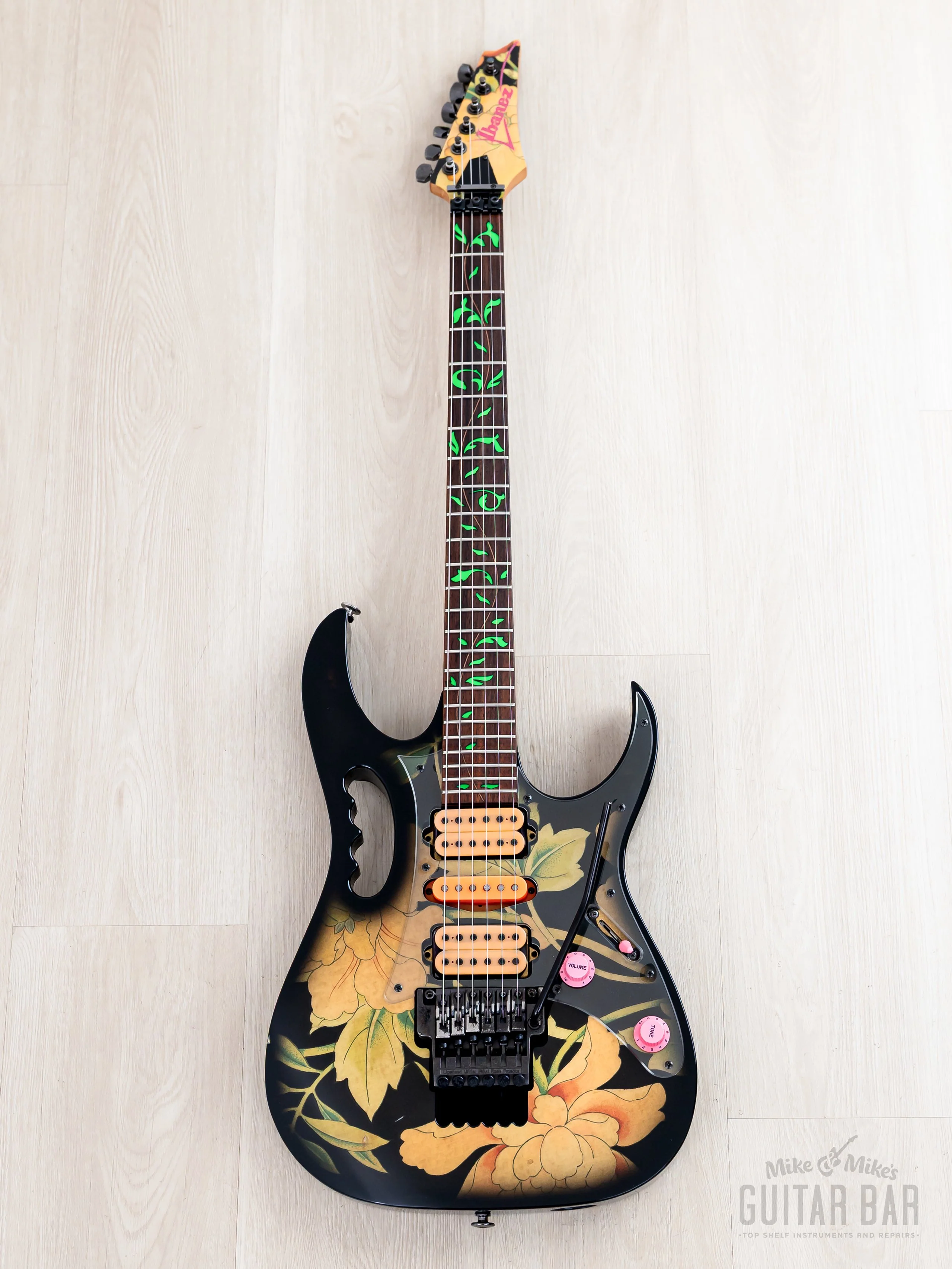 1997 Ibanez JEM77-FP Steve Vai Signature Vintage Guitar Black Floral Pattern - Image 2