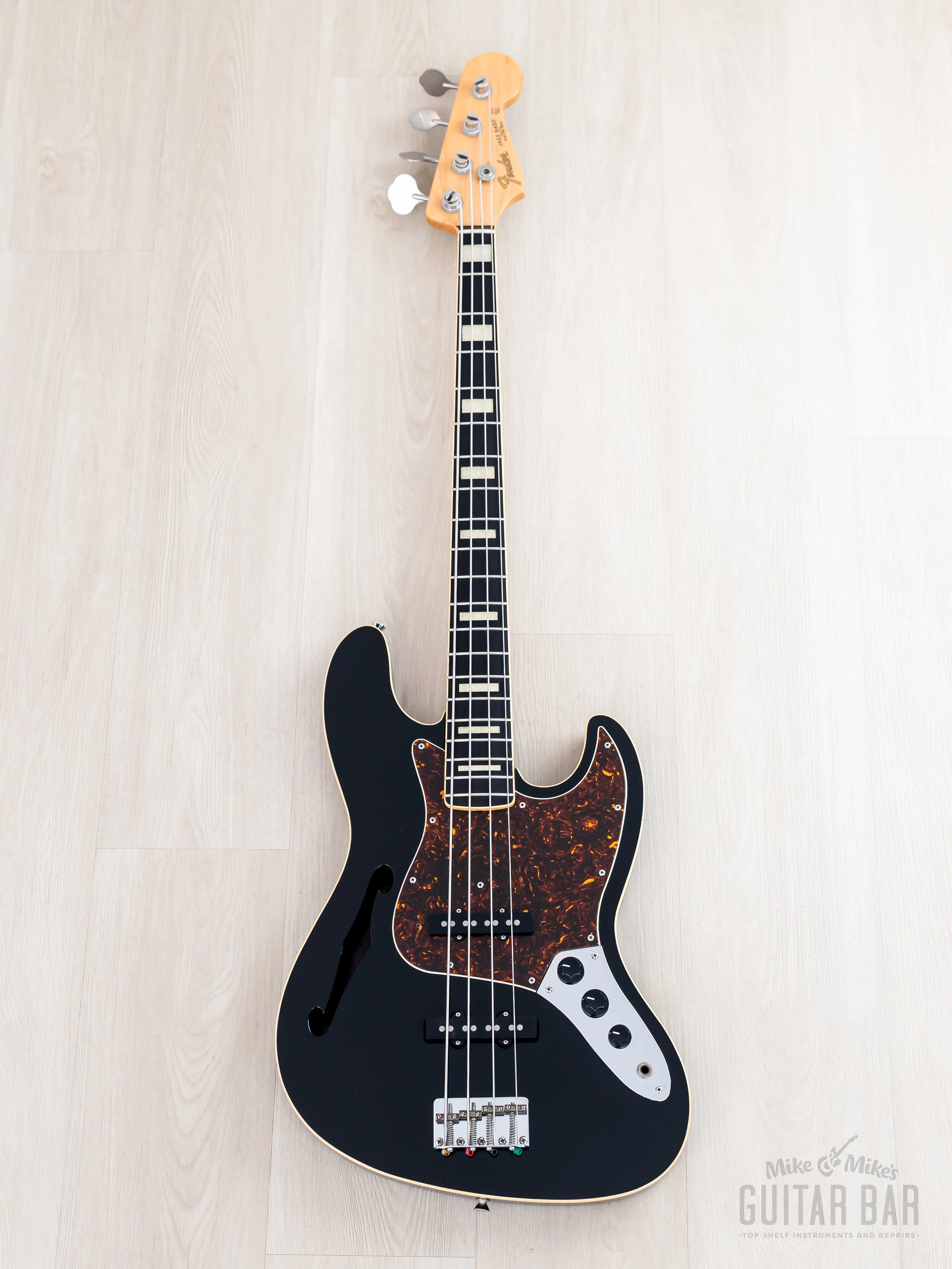 2012 Fender Jazz Bass JB/HO Semi-Hollow Mahogany Body Black, Blocks & Binding, Japan MIJ - Image 2