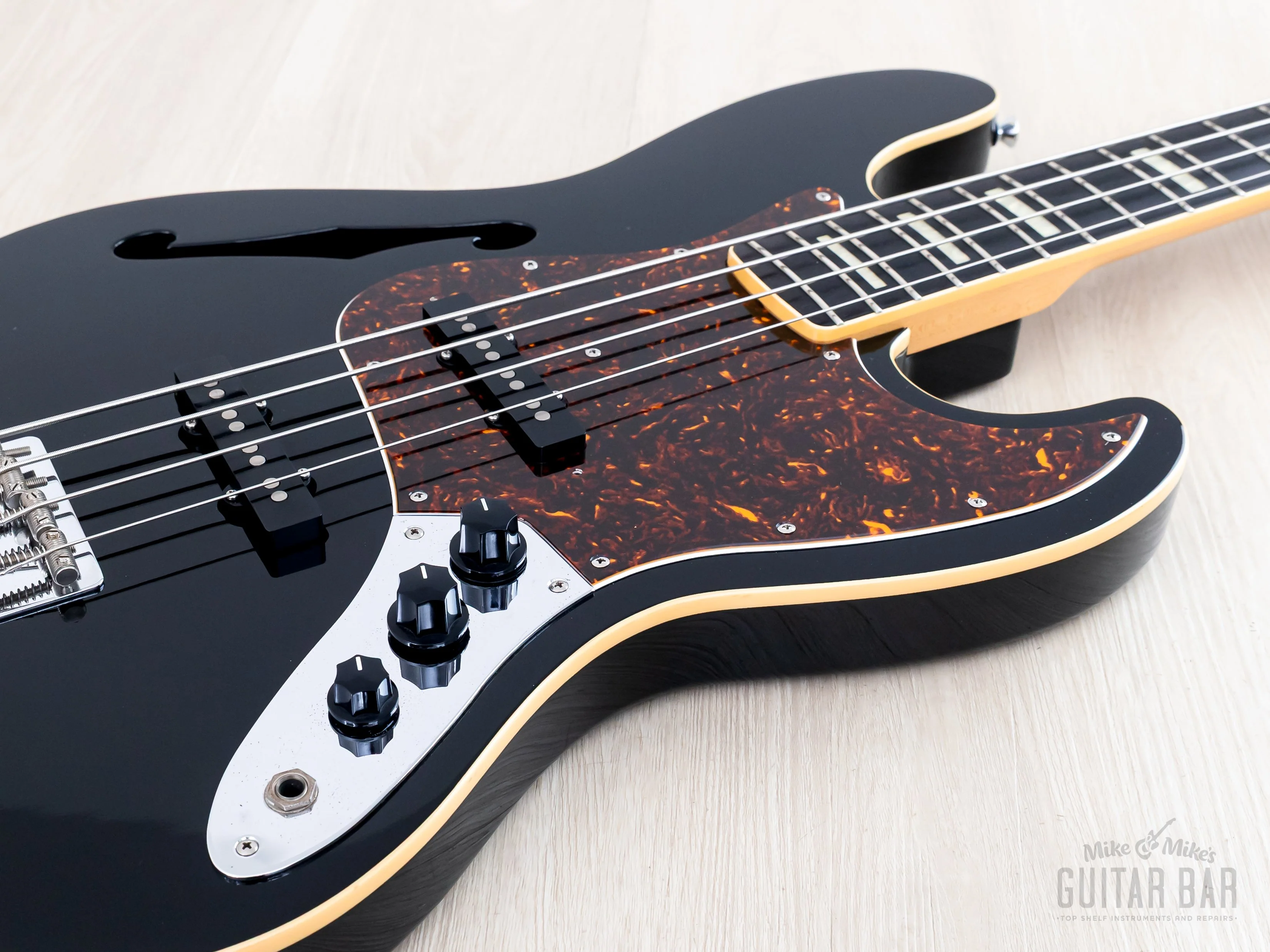 2012 Fender Jazz Bass JB/HO Semi-Hollow Mahogany Body Black, Blocks & Binding, Japan MIJ - Image 6