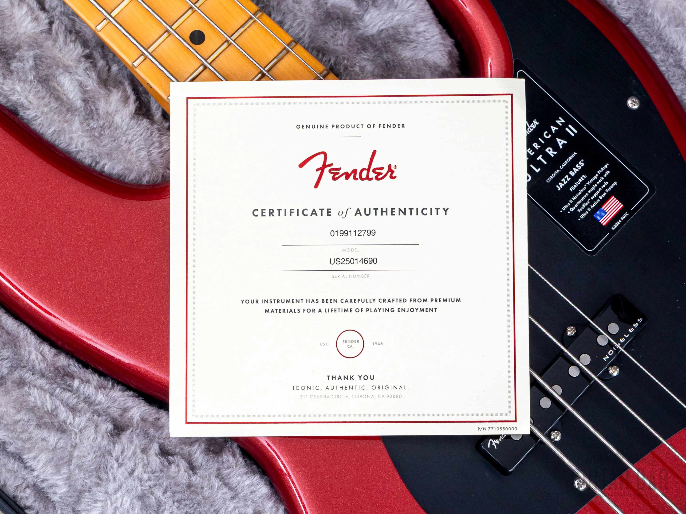 2025 Fender American Ultra II Jazz Bass Sinister Red, Mint w/ Case, COA, Tags - Image 18